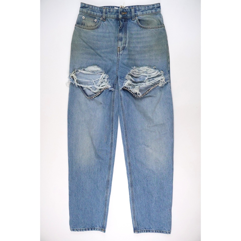Area Crystal Slit Knee Jeans Medium Blue Distressed 29 NWT MSRP $650